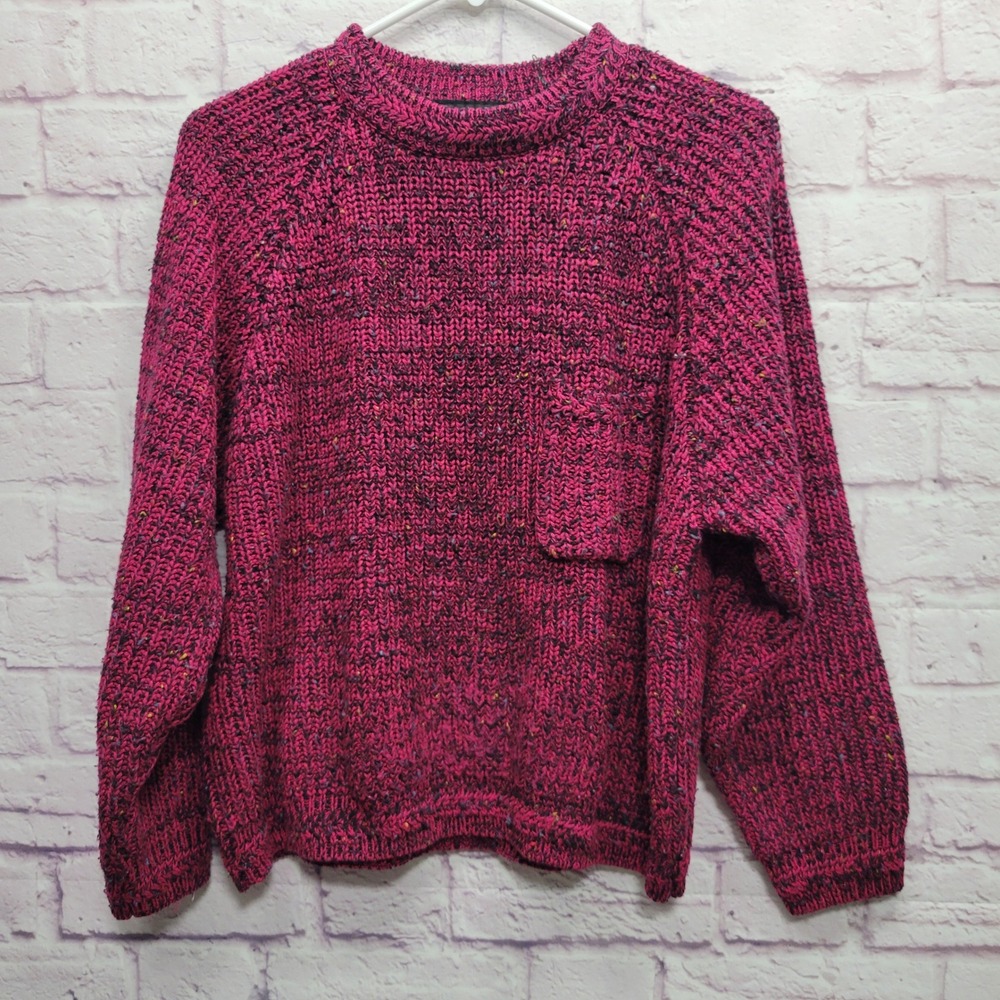 VTG Pasta Pink Knit Confetti Sweater M Chunky Pocket Pullover 80s Retro Punk